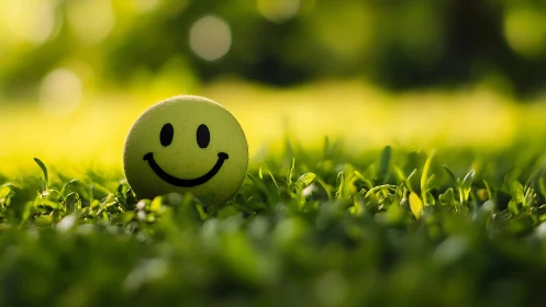 Smiley face ball resting on green grass in soft light.