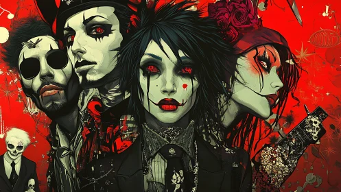 Stylized gothic portraits of four figures on red ground.