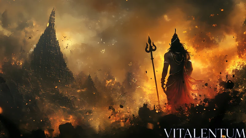 Fiery mountain temple and lone divine warrior at dusk.