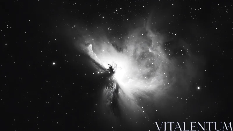 Monochrome nebula glows against a dense starfield backdrop.