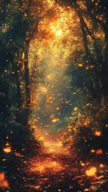 Forest Path Illuminated by Golden Particle Bokeh and Luminous Canopy.