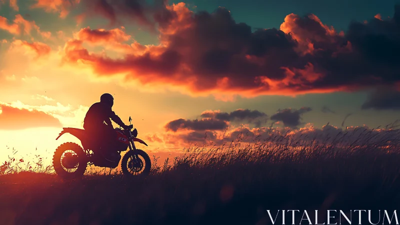Sunset trail rider pausing in glowing wind-swept grasslands.