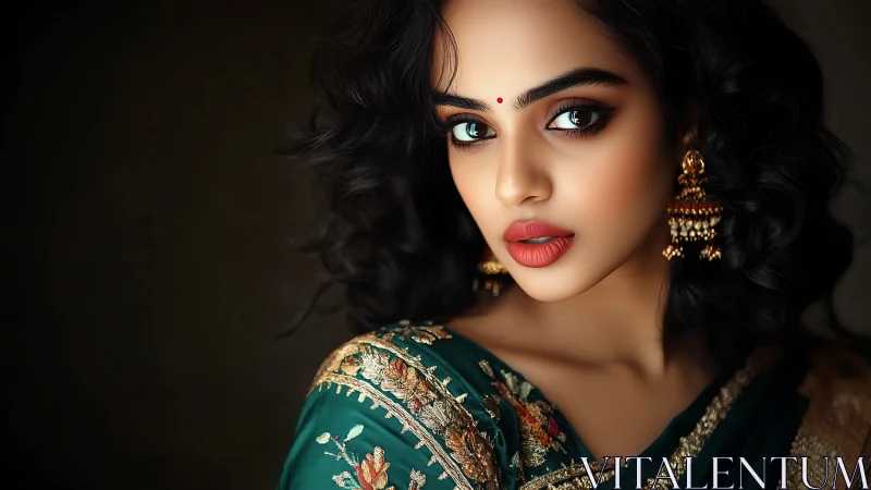 Elegant woman in green sari with traditional jewelry, portrait style.