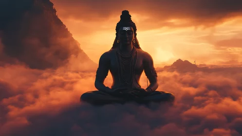 Divine meditative figure above clouds in fiery sunset glow.