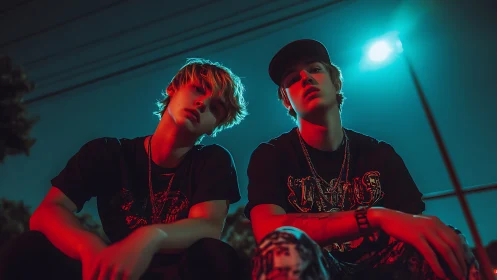 Neon street portrait of two youths under teal and red rim lighting