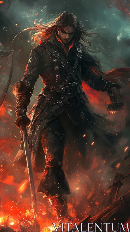 Fire-wreathed warrior strides through burning ruins in rage.