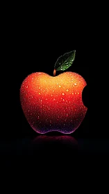 Glistening bitten apple glows gently against deep black