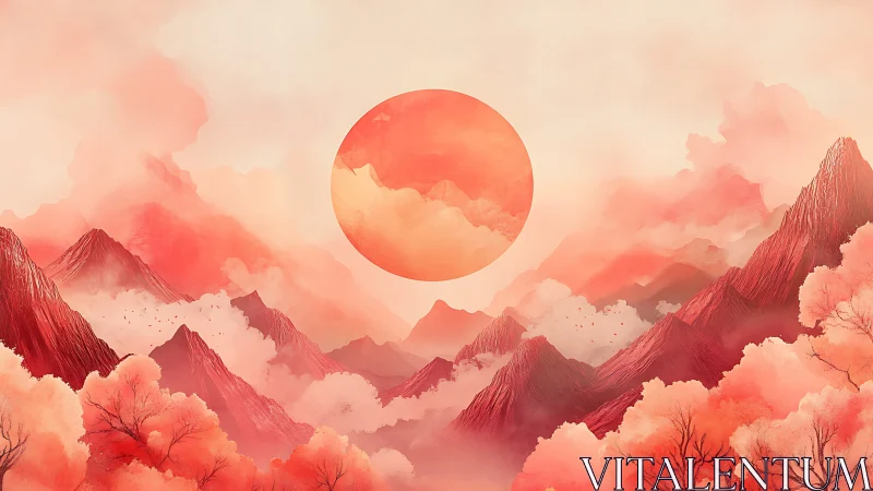 Soft crimson mountains glow beneath a dreamy rising sun