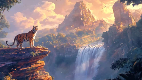 Tiger stands on cliff edge overlooking wide waterfall valley