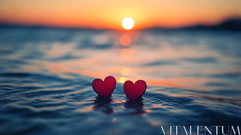 Two Red Hearts in Ocean Sunset