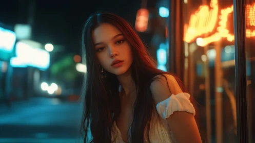 Cinematic night portrait beside neon storefront with shallow depth