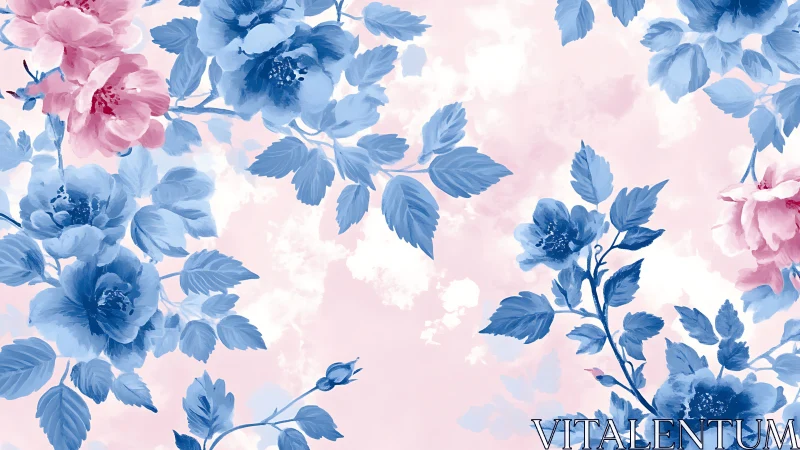 Blue and Pink Peonies Pattern on Soft Cloud Background