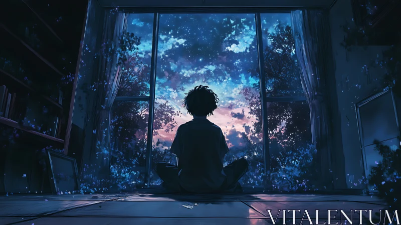 Silhouetted youth at balcony window under luminous twilight sky