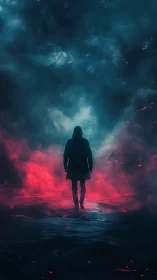 Lone wanderer strides through neon mist and cosmic shadow.