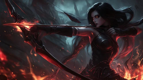 Dark elven archer draws blazing bow in infernal forest.