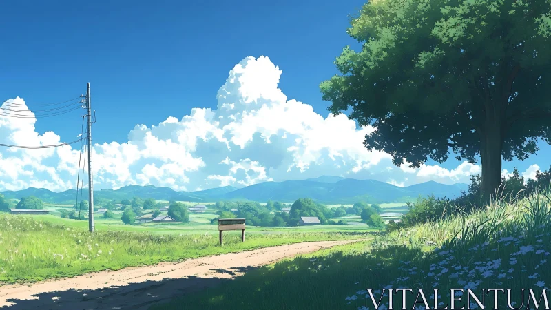 Sunlit country lane rests beneath towering summer clouds