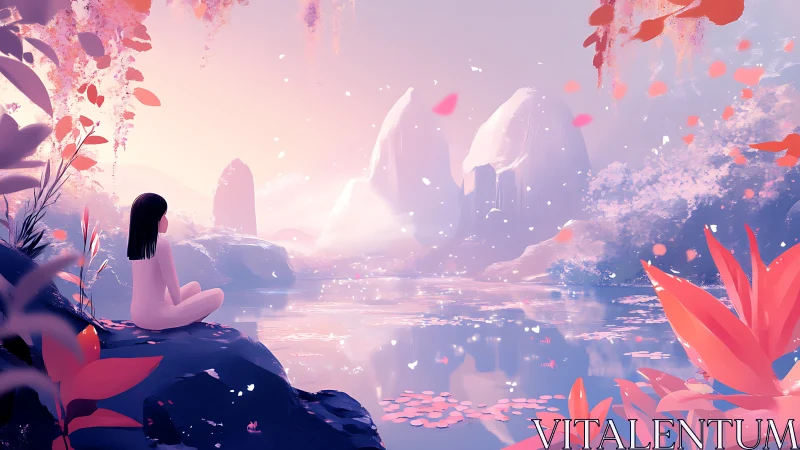 Woman sitting by serene lake in pastel fantasy landscape.