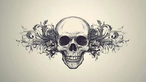 Intricate skull with blooming floral scrollwork and quiet charm.