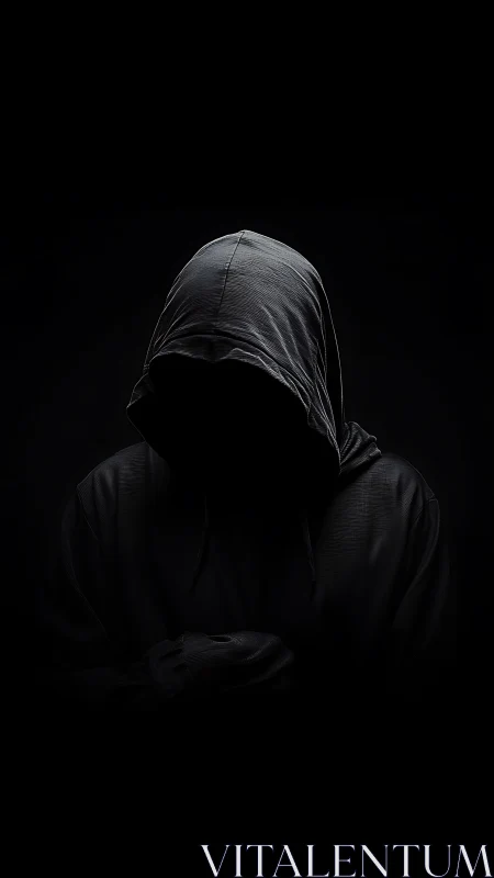 Low-key portrait of hooded anonymous figure in deep shadow