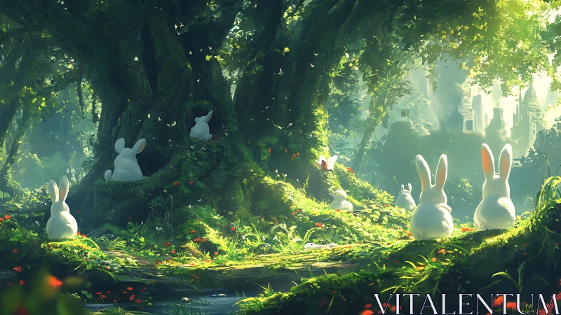 White rabbits gather beneath luminous ancient forest canopy