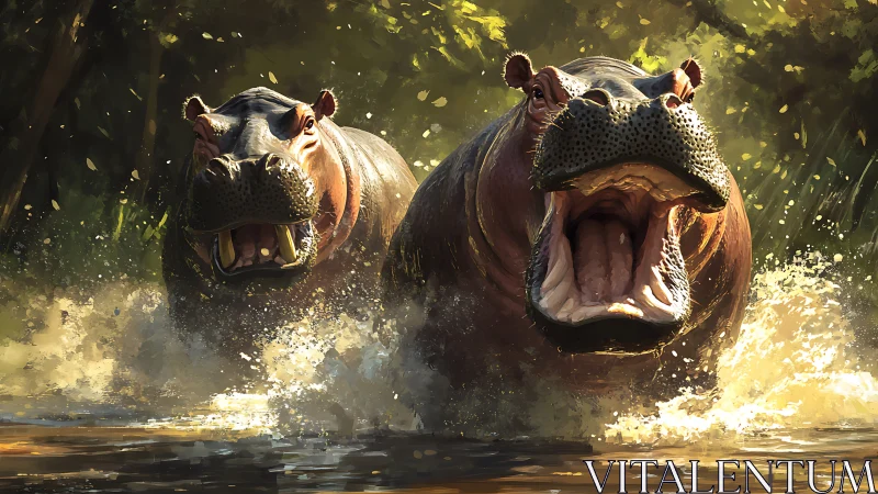 River thunder rolls as two charging hippos split the light