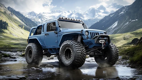 Mountain creek muscles flex as the lifted blue off-roader prowls