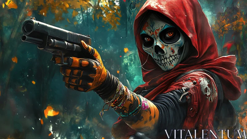 Hooded skull gunfighter in saturated forest standoff scene.