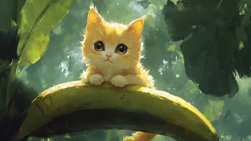 Golden Kitten Perched on Verdant Branch in Luminous Forest Setting