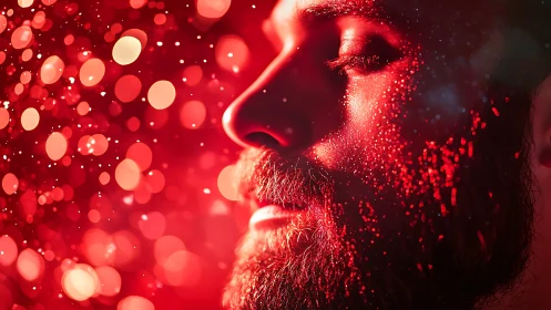 Bearded stargazer drifts through a glowing nebula of red light
