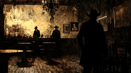 Silhouetted cowboys inhabit dim sepia-toned frontier saloon.