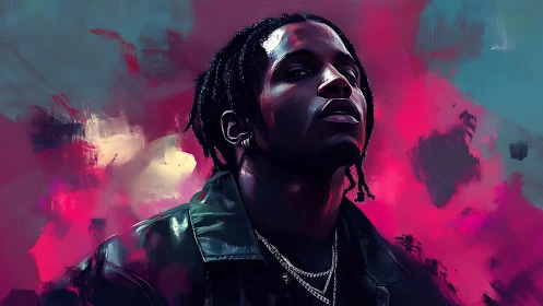 Bold portrait in neon skies and painted electric shadows.