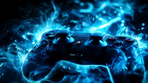 Illuminated gaming controller emerges through electric blue vapor