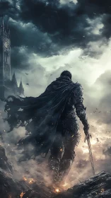 Lone armored wanderer walking through a storm of ash and sky.