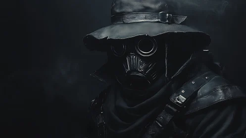 Shadowed wanderer in a gas mask waits in quiet darkness
