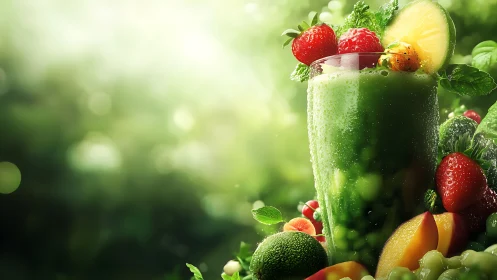 Green smoothie glass with mixed fresh fruits and mint.