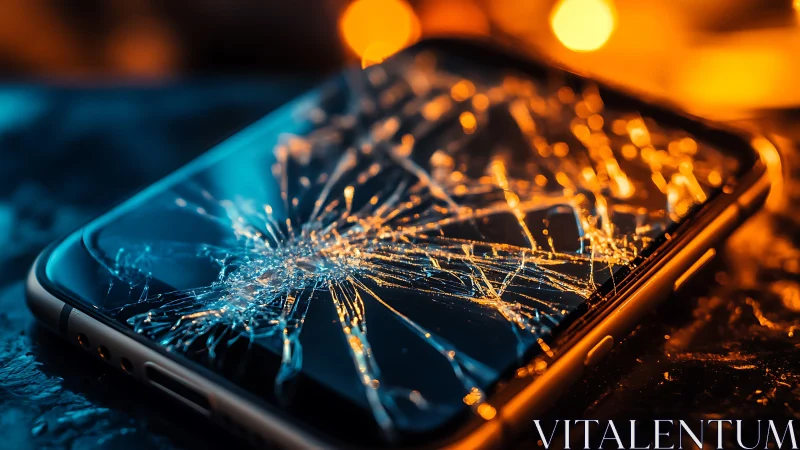 Shattered smartphone screen under bokeh lights in macro focus