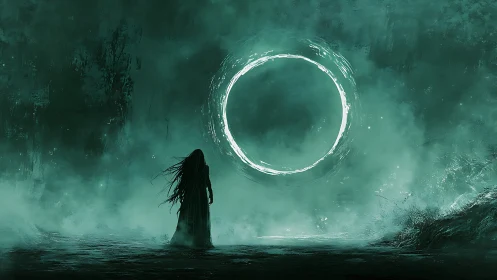 Solitary figure confronts glowing circular portal in mist