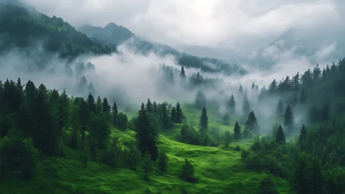 Emerald Valley Wrapped in Morning's Whispered Veil.