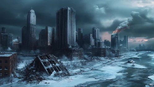 Post-apocalyptic frozen riverfront megacity under toxic plume