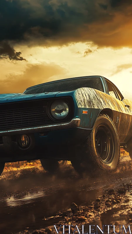 Mud-splashed muscle car racing into a stormy golden sunset.
