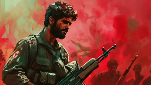 Battle-worn soldier in red haze with rifle-led composition.