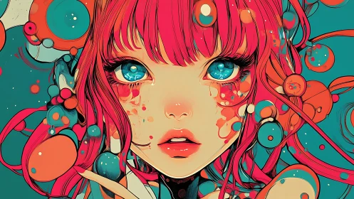 Bubble-bright stargazer girl drifts in teal and coral dreams
