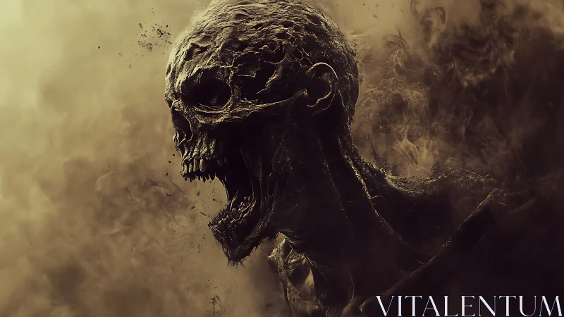 Eroded skeletal wraith emerging through particulate smoke field.