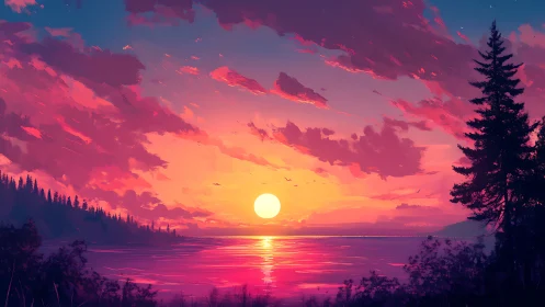 Sunset symphony over neon-touched lake and whispering pines.