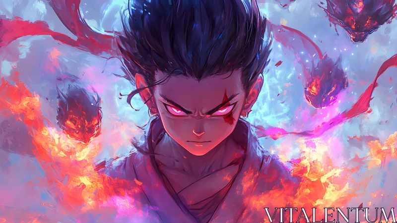 Storm-eyed fire mage rising through neon-torn sky.