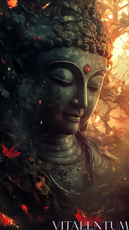 Bronze Buddha bust amid burning foliage and ember-lit haze