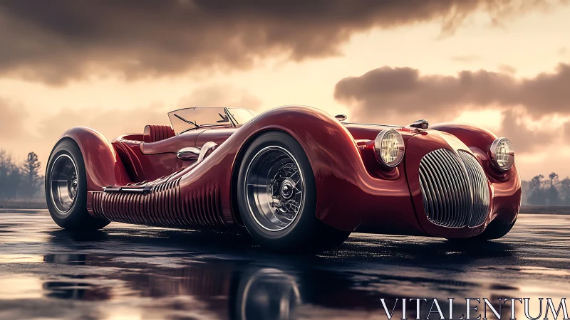 Streamlined red roadster gleams under dramatic evening sky.