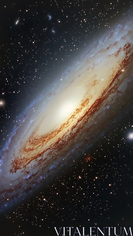 Inclined spiral galaxy with dense stellar field and dust lanes