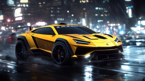Yellow supercar cuts through neon city street during rainfall