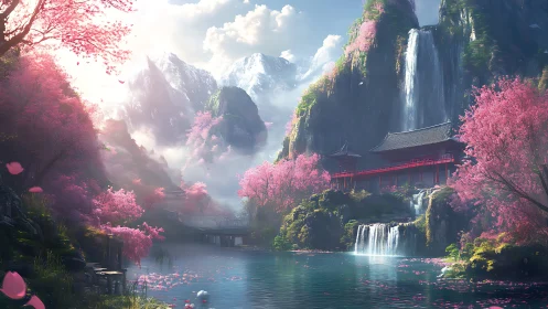 Cherry blossom cascades around serene mountain temple dream.